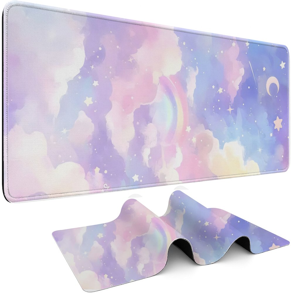 Pc Gaming Cloud Free - Pastellfarbenes Regenbogen-Wolken-Sterne-Gaming-Mauspad, Gummi-Schreibtischunterlage für PC und