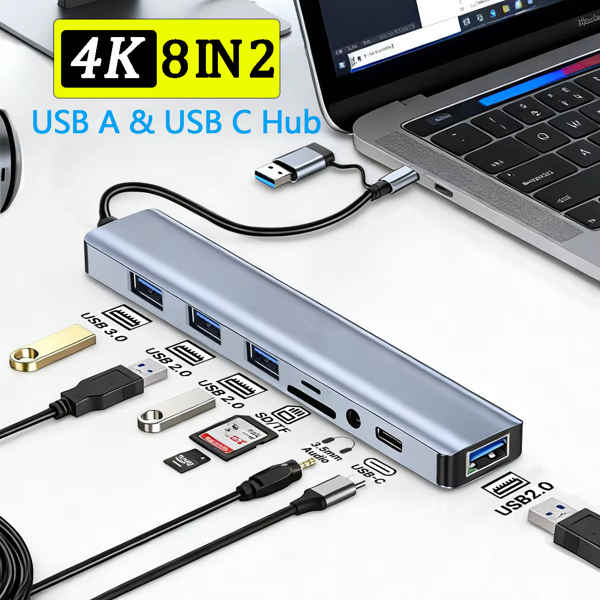 Usb Hub Gaming - 8-in-2 USB-C-Hub-Expander, Multiport-Adapter, Typ-C-Splitter-Dock, USB 3.0